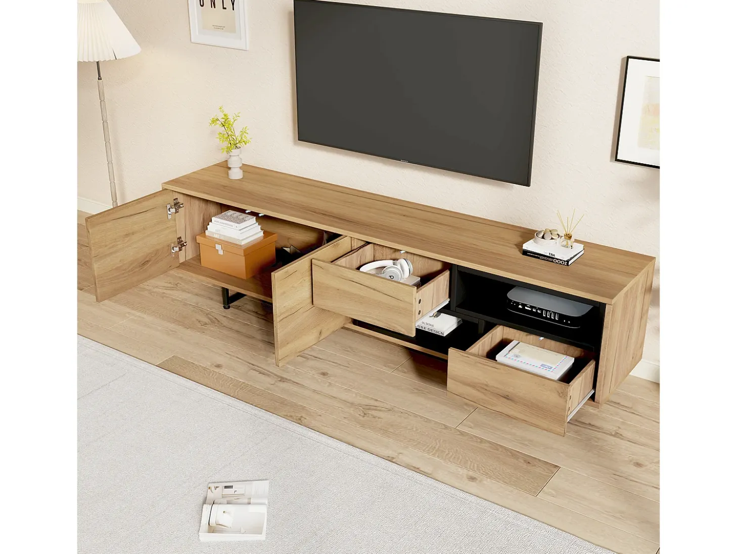 Mueble de TV con 2 puertas y 2 cajones - 173 x 38 x 48 cm - Tablero de partículas - para comedor - Color madera