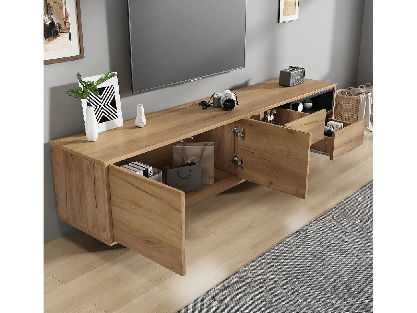 Mueble de TV con 2 puertas y 2 cajones - 173 x 38 x 48 cm - Tablero de partículas - para comedor - Color madera