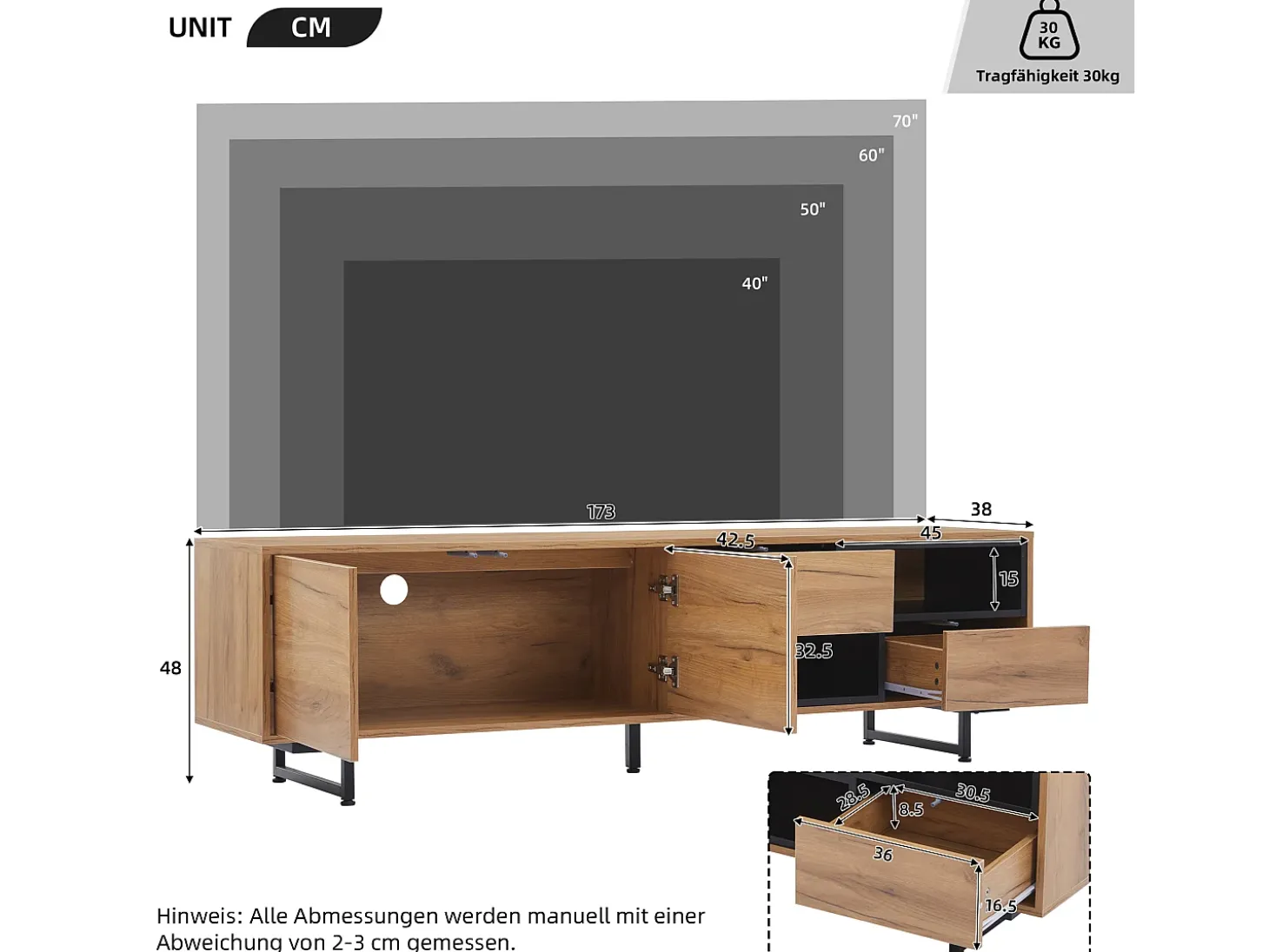 Mueble de TV con 2 puertas y 2 cajones - 173 x 38 x 48 cm - Tablero de partículas - para comedor - Color madera