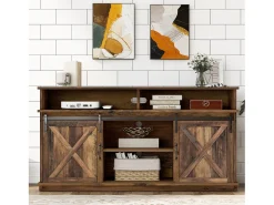 Mueble de TV con 2 puertas correderas y 2 cajones - Blanco y madera
