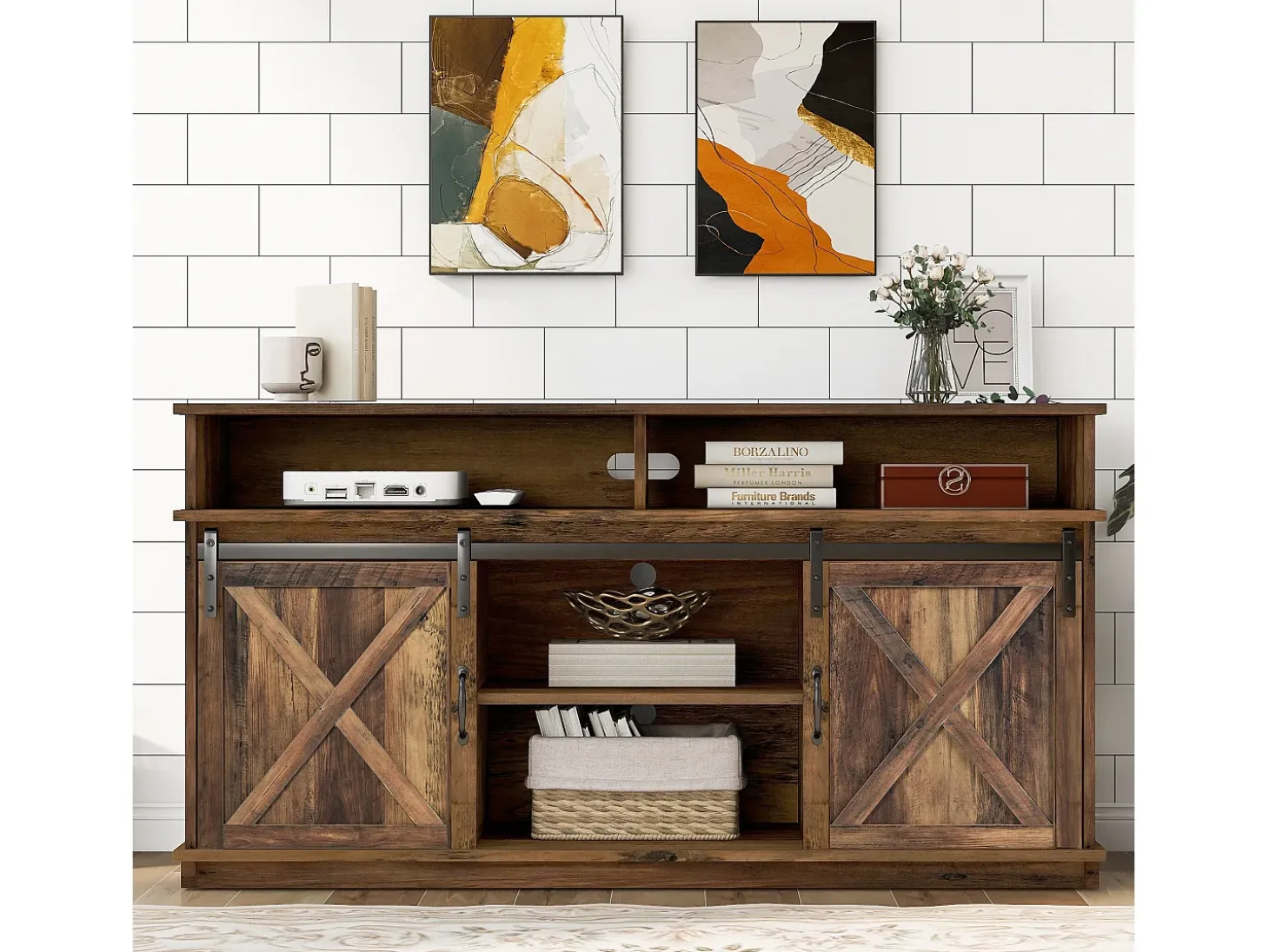 Mueble de TV con 2 puertas correderas y 2 cajones - Blanco y madera