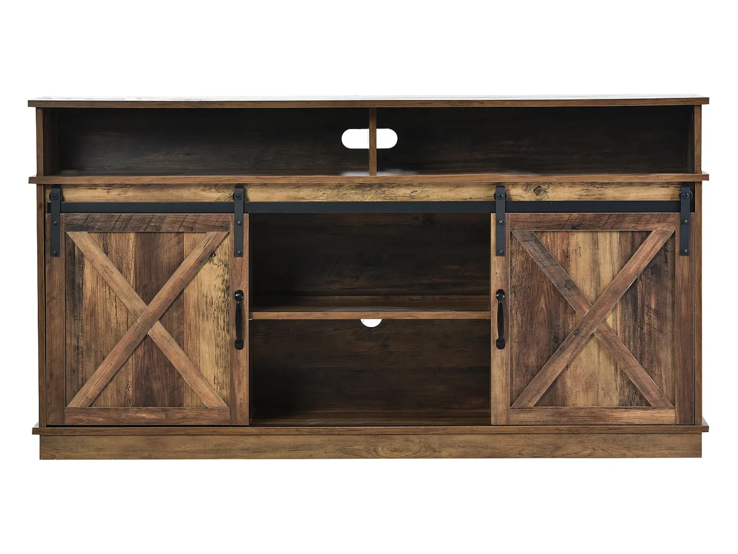 Mueble de TV con 2 puertas correderas y 2 cajones - Blanco y madera