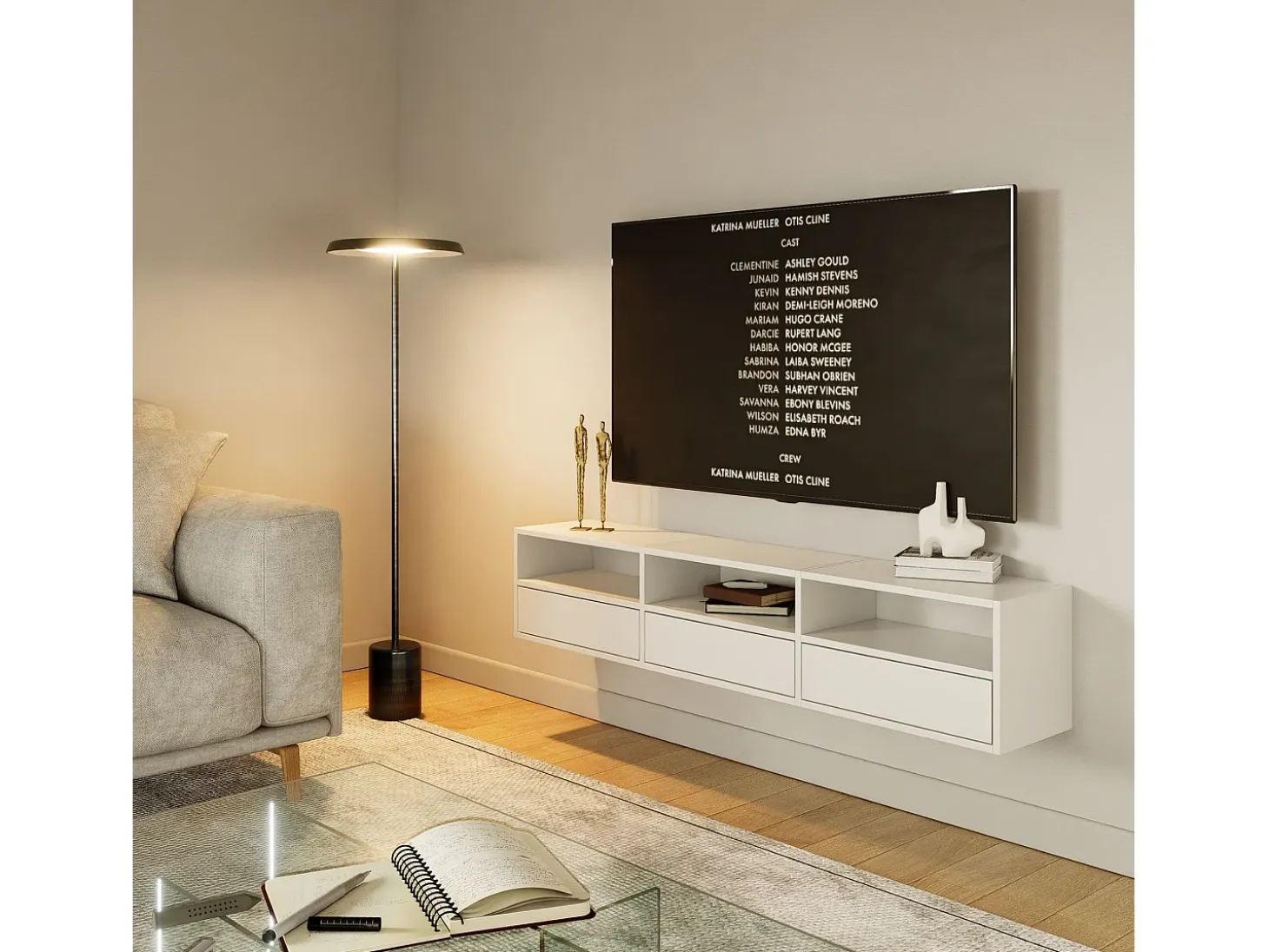 Mueble de TV con 3 puertas y estantes – blanco – 150 cm – FRAMME