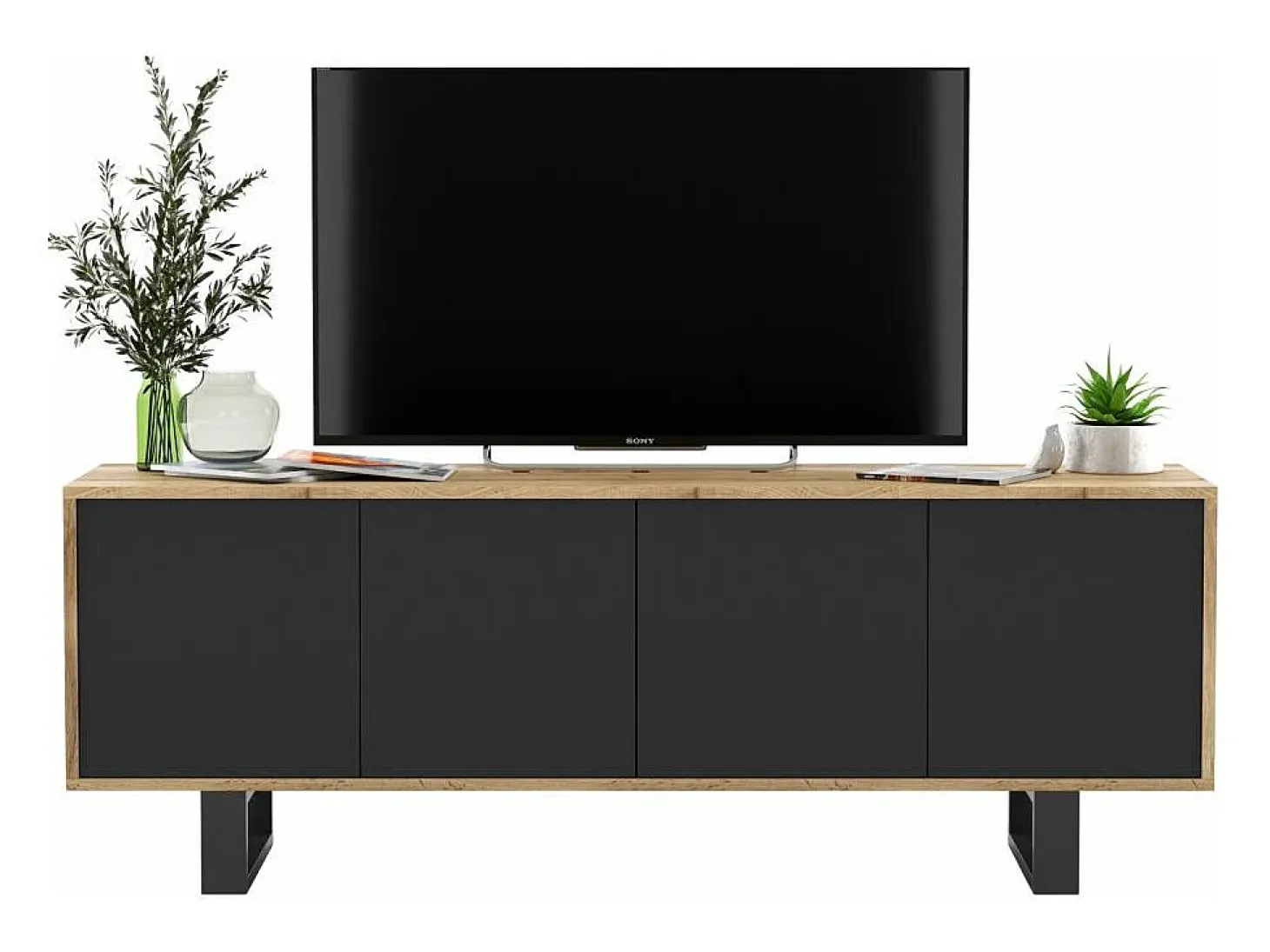 Mueble de TV con 4 puertas - estructura roble wotan frentes negro mate - 150 cm, patas metálicas