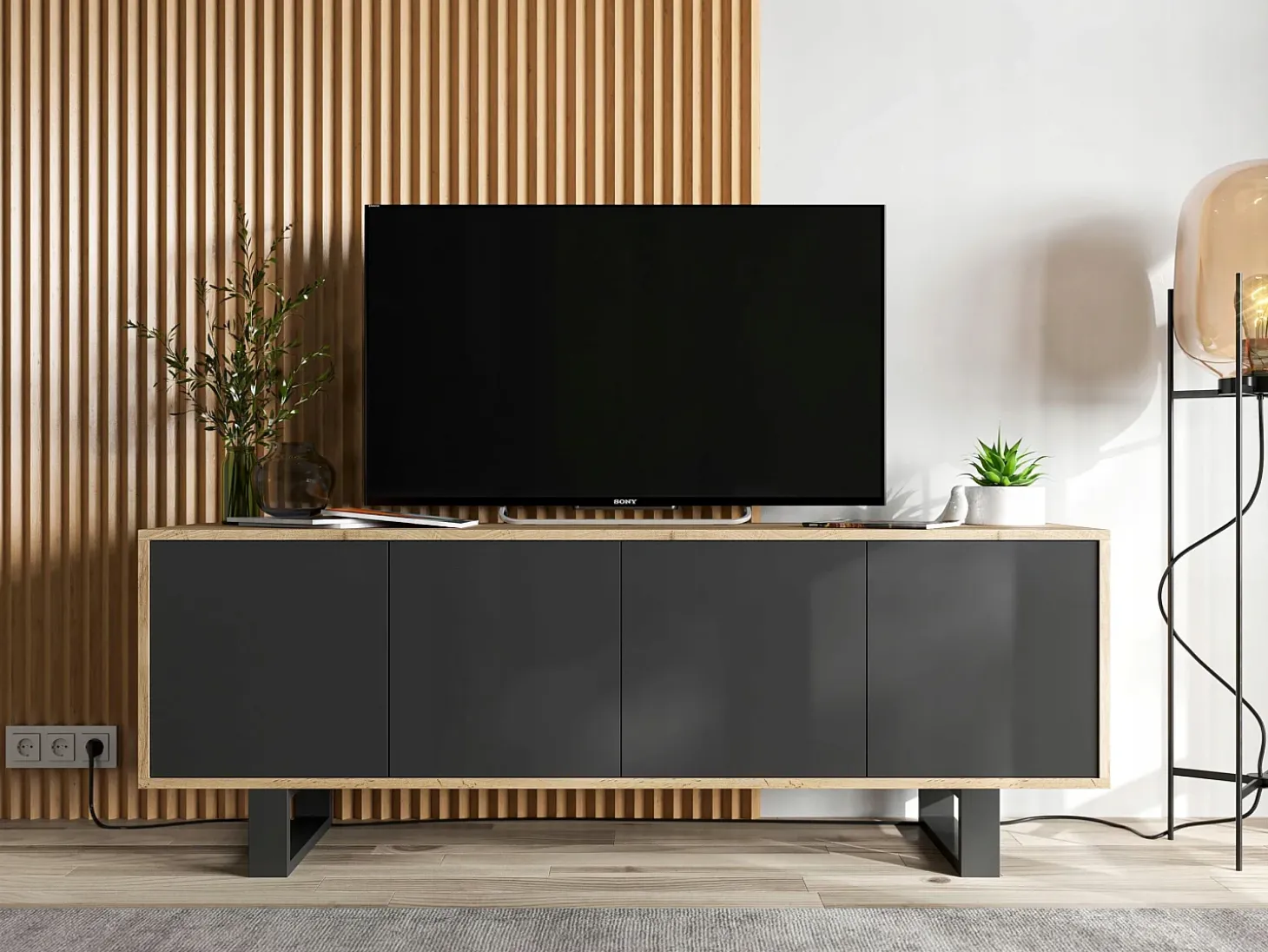 Mueble de TV con 4 puertas - estructura roble wotan frentes negro mate - 150 cm, patas metálicas