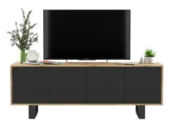 Mueble de TV con 4 puertas - estructura roble wotan frentes negro mate - 150 cm, patas metálicas