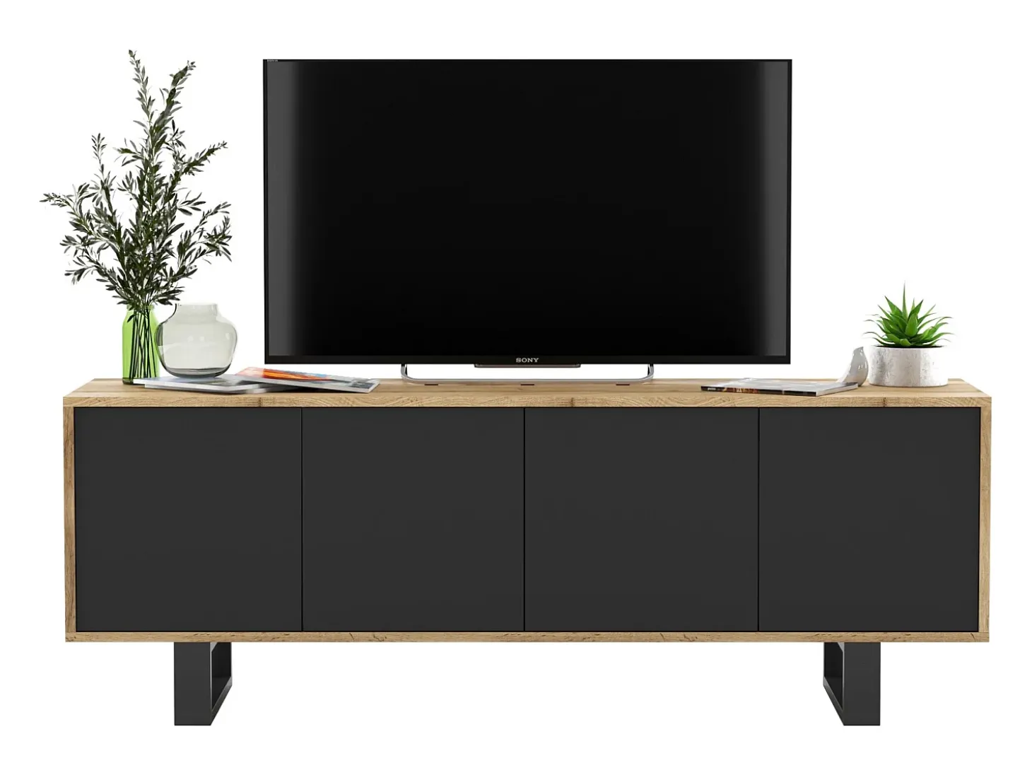 Mueble de TV con 4 puertas - estructura roble wotan frentes negro mate - 150 cm, patas metálicas