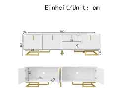 Mueble de TV con 4 puertas texturizadas - 160 x 38 x 44,5 cm - tiradores y patas dorados - aglomerado - blanco