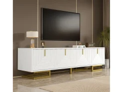 Mueble de TV con 4 puertas texturizadas - 160 x 38 x 44,5 cm - tiradores y patas dorados - aglomerado - blanco