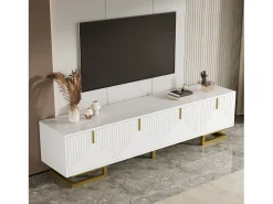 Mueble de TV con 4 puertas texturizadas - 160 x 38 x 44,5 cm - tiradores y patas dorados - aglomerado - blanco