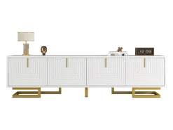 Mueble de TV con 4 puertas texturizadas - 160 x 38 x 44,5 cm - tiradores y patas dorados - aglomerado - blanco