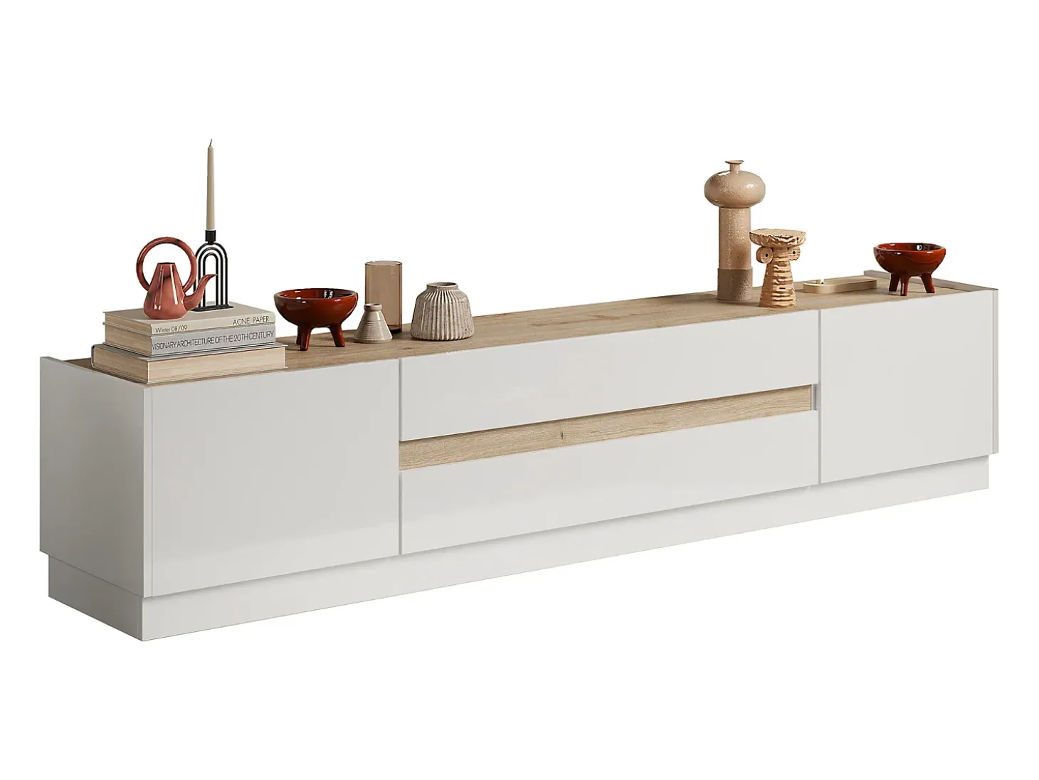 Mueble de TV con 2 puertas y 2 cajones - Blanco y Natural - EMORA