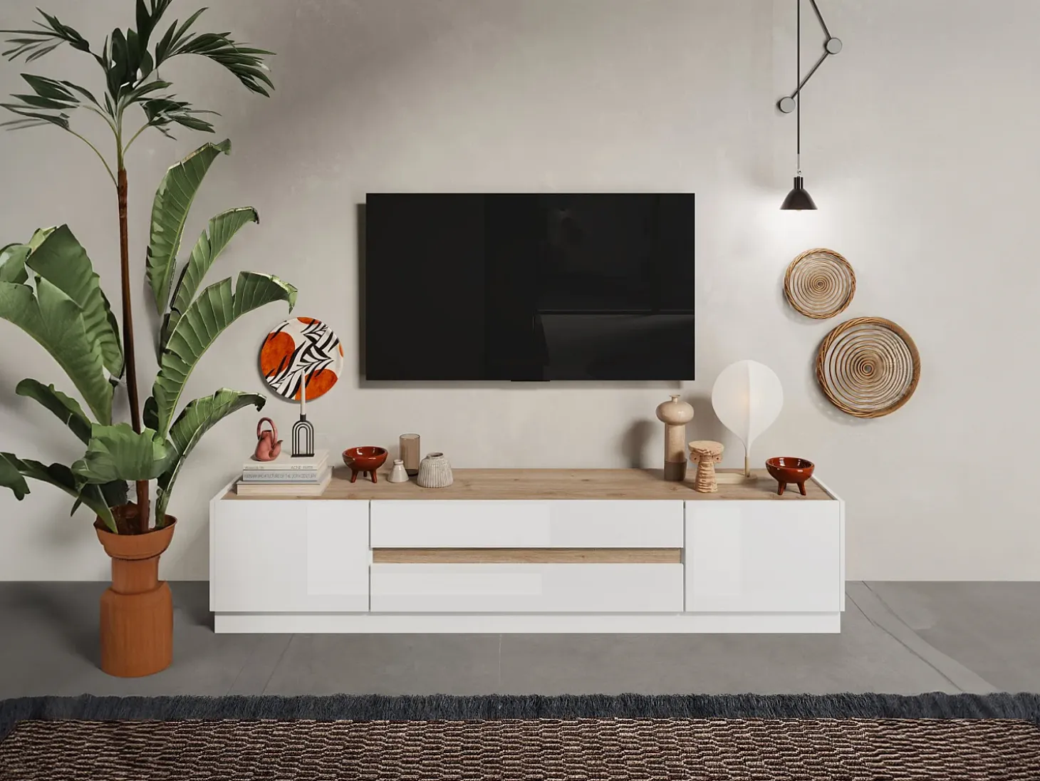 Mueble de TV con 2 puertas y 2 cajones - Blanco y Natural - EMORA