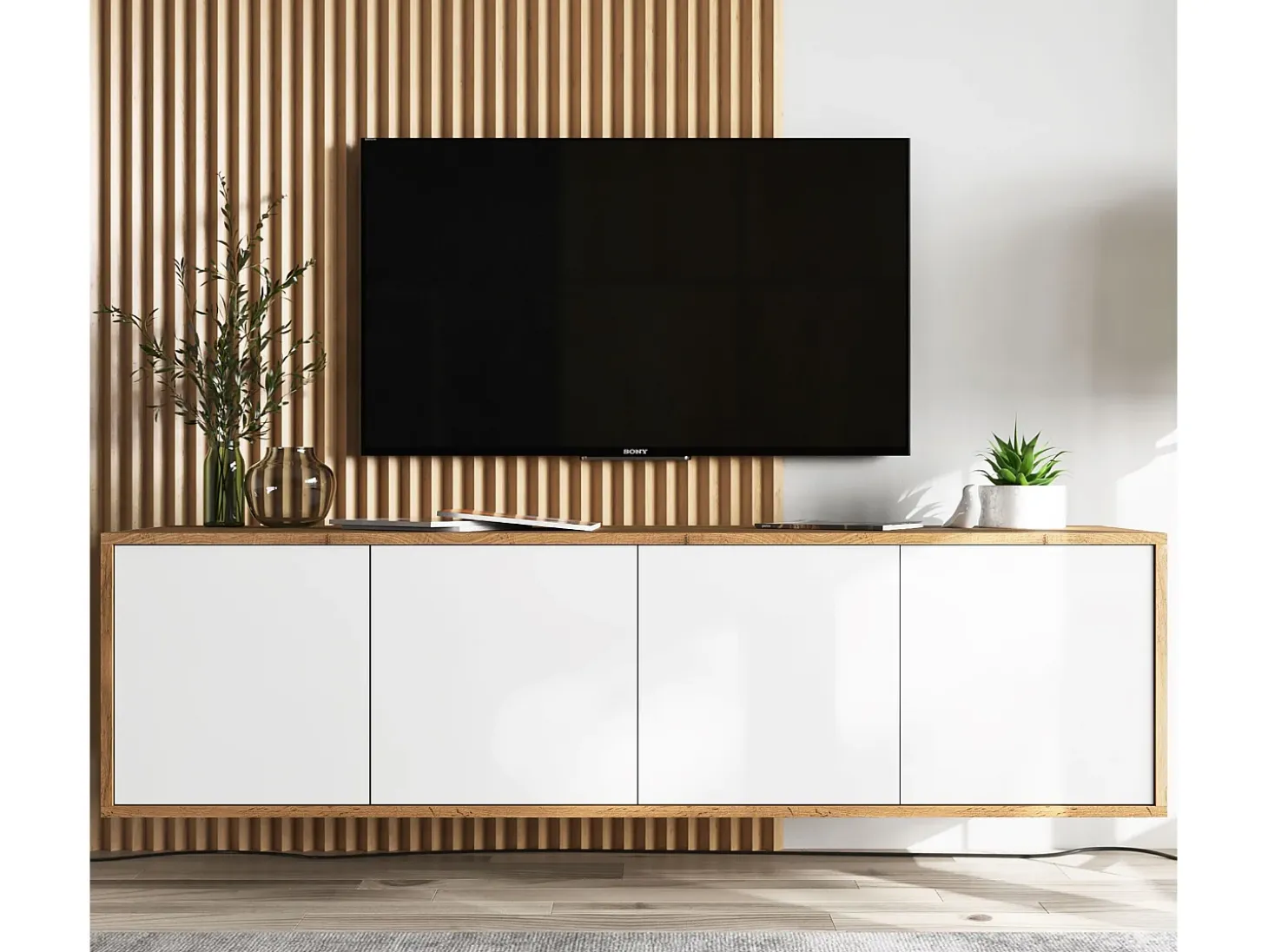 Mueble de TV con 4 puertas - cuerpo roble wotan frentes blanco mate - 150 cm