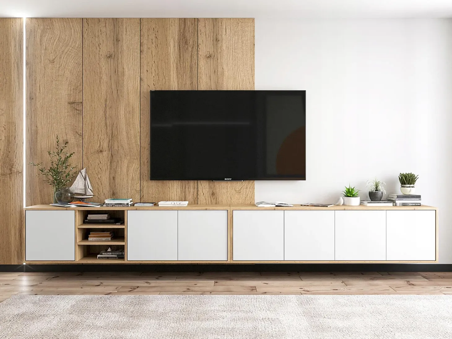 Mueble de TV con 4 puertas - cuerpo roble wotan frentes blanco mate - 150 cm