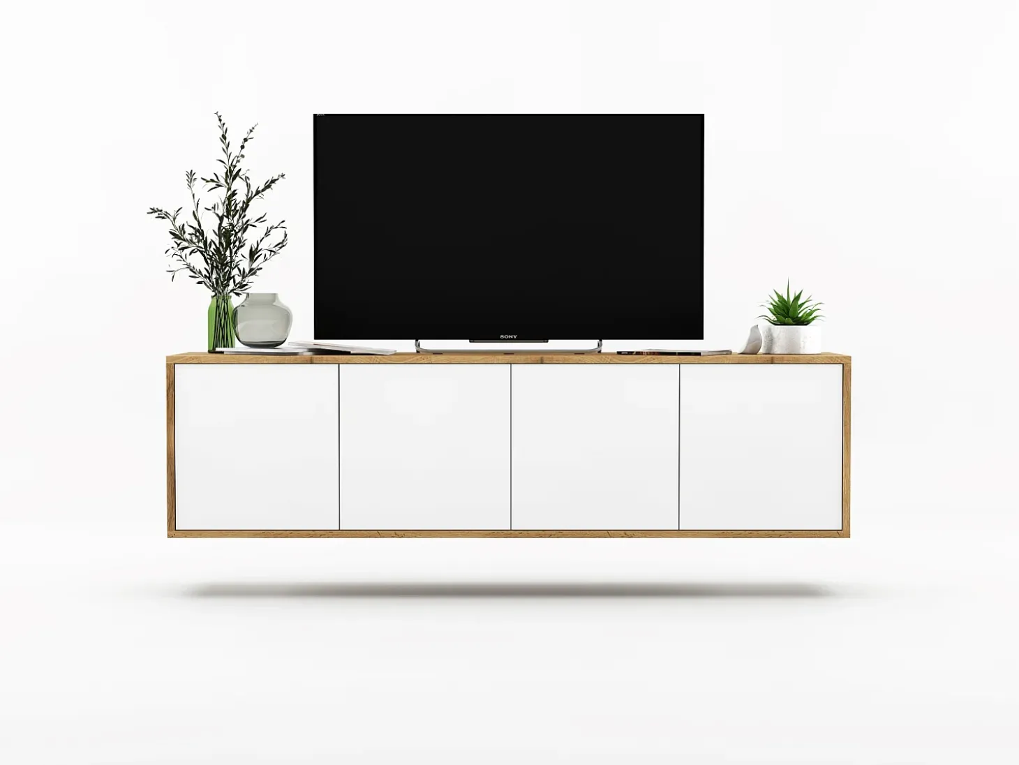Mueble de TV con 4 puertas - cuerpo roble wotan frentes blanco mate - 150 cm