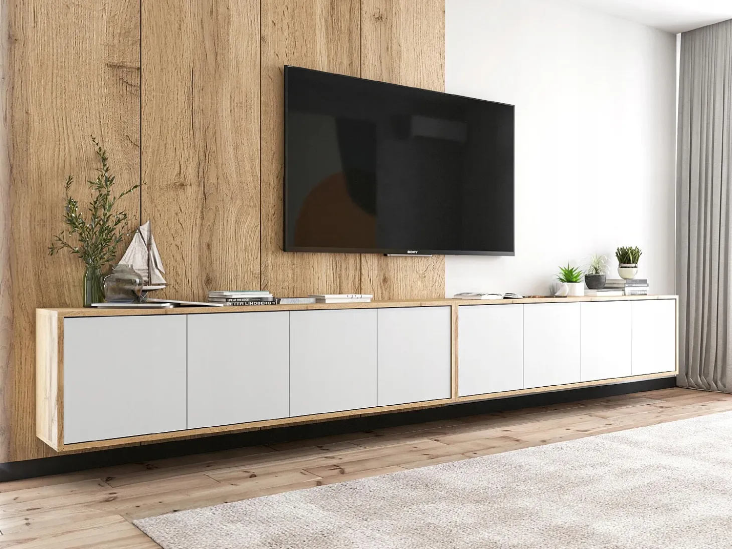 Mueble de TV con 4 puertas - cuerpo roble wotan frentes blanco mate - 150 cm