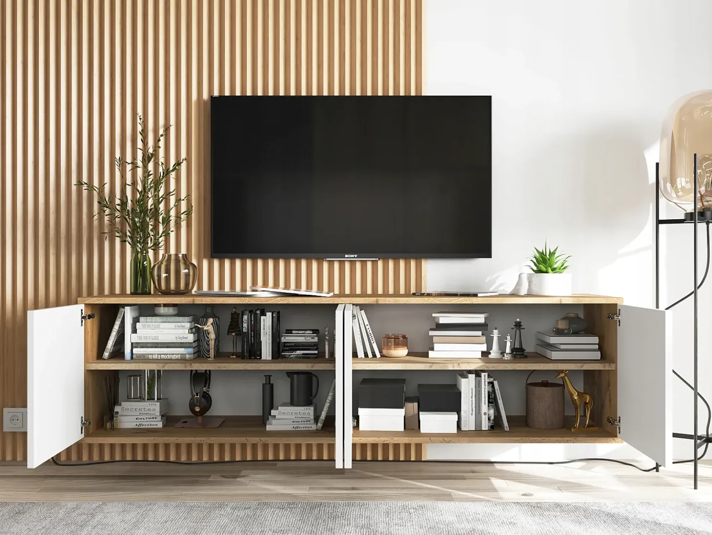 Mueble de TV con 4 puertas - cuerpo roble wotan frentes blanco mate - 150 cm