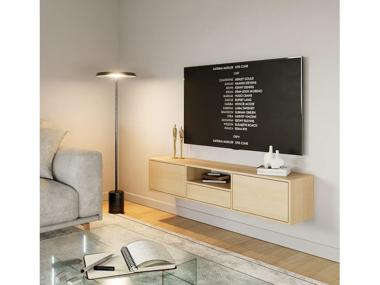 Mueble de TV con 3 puertas y un estante – acabado roble – 150 cm – FRAMME