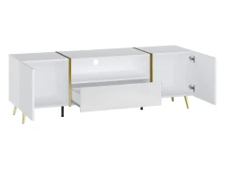 Mueble de TV con 2 puertas, 1 cajón y 1 estante - Blanco brillo y dorado - MARZIALO