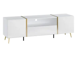 Mueble de TV con 2 puertas, 1 cajón y 1 estante - Blanco brillo y dorado - MARZIALO