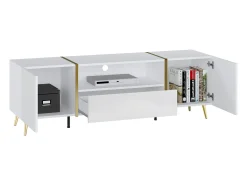 Mueble de TV con 2 puertas, 1 cajón y 1 estante - Blanco brillo y dorado - MARZIALO