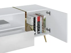 Mueble de TV con 2 puertas, 1 cajón y 1 estante - Blanco brillo y dorado - MARZIALO