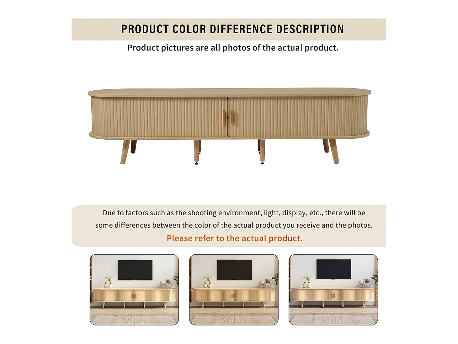 Mueble de TV con 2 puertas correderas ovaladas - 175 x 40 x 42cm - Madera MDF - Color madera