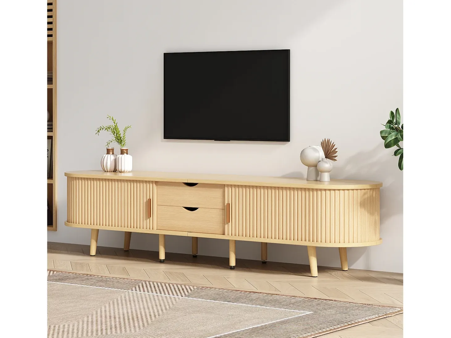 Mueble de TV con 2 puertas correderas ovaladas - 175 x 40 x 42cm - Madera MDF - Color madera