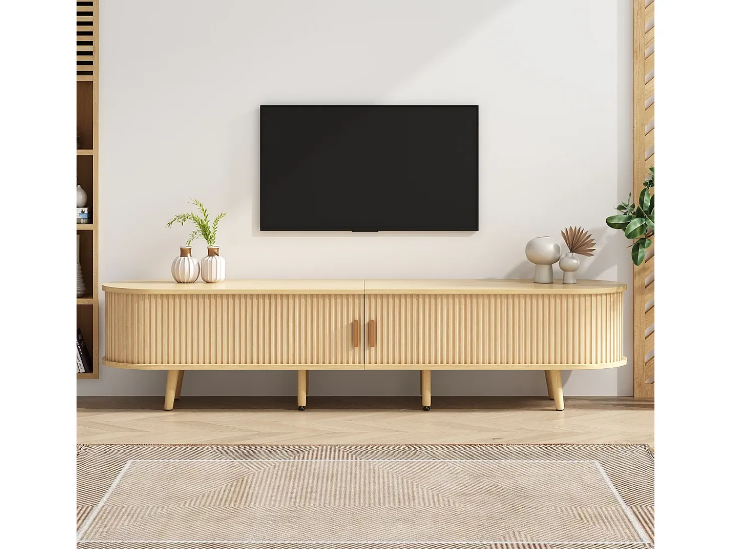 Mueble de TV con 2 puertas correderas ovaladas - 175 x 40 x 42cm - Madera MDF - Color madera