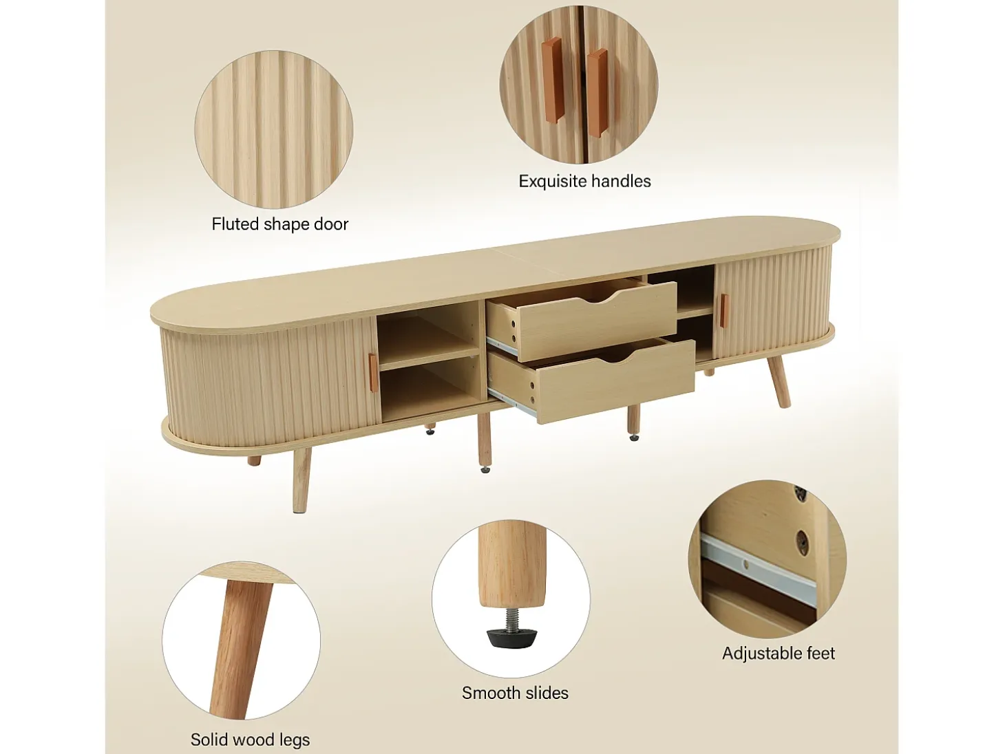 Mueble de TV con 2 puertas correderas ovaladas - 175 x 40 x 42cm - Madera MDF - Color madera