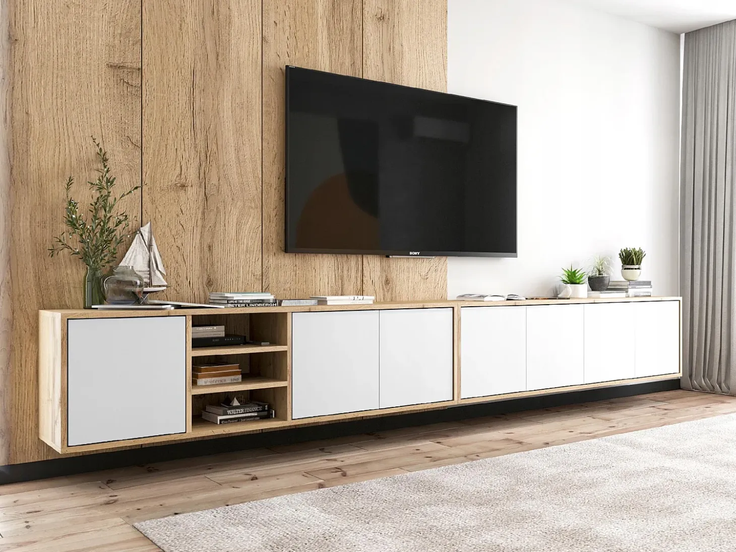 Mueble de TV con 7 puertas y 1 hueco - estructura roble wotan frentes blanco mate - 300 cm