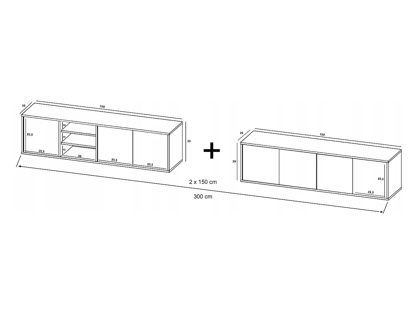 Mueble de TV con 7 puertas y 1 hueco - estructura roble wotan frentes blanco mate - 300 cm