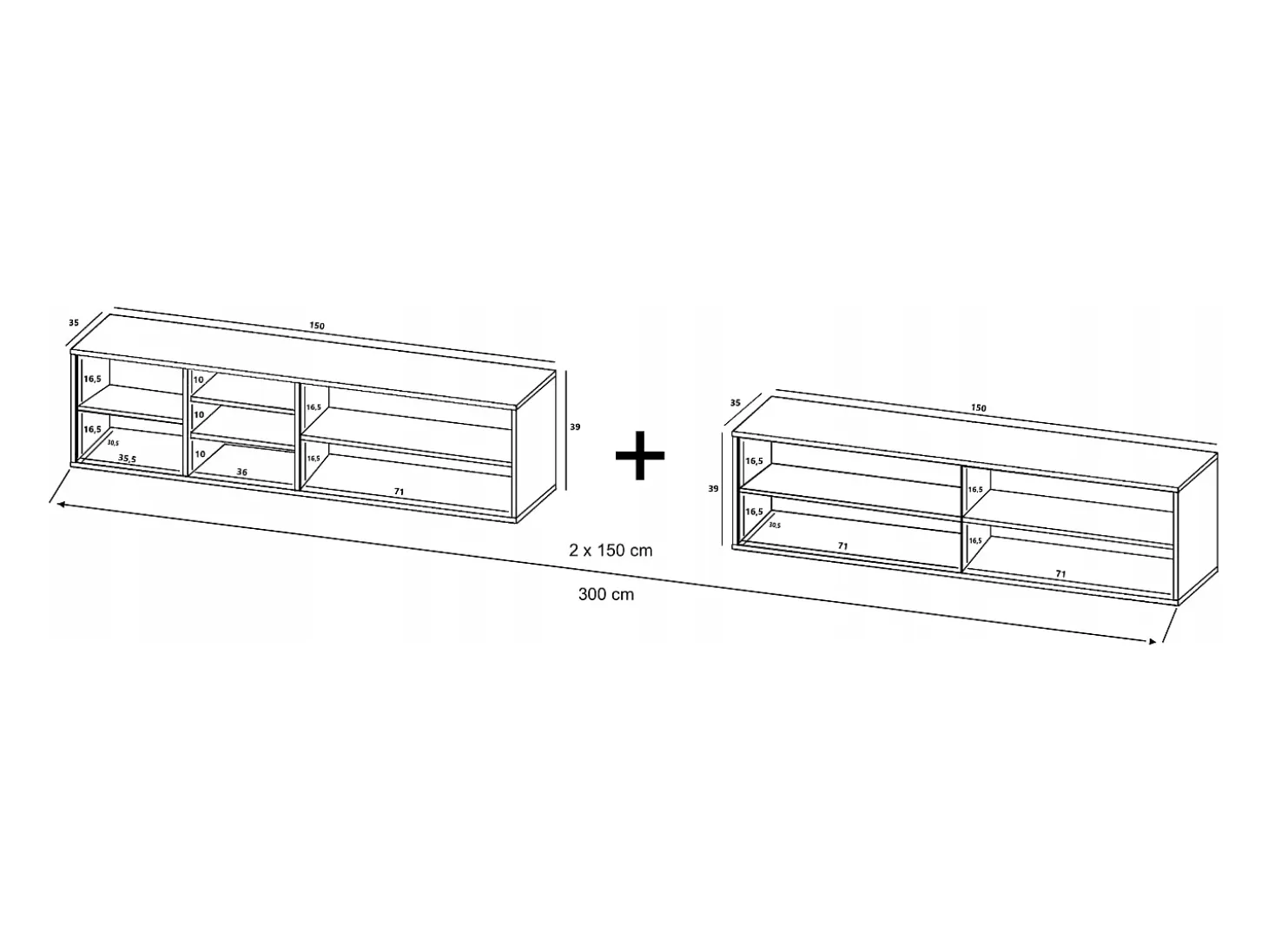 Mueble de TV con 7 puertas y 1 hueco - estructura roble wotan frentes blanco mate - 300 cm