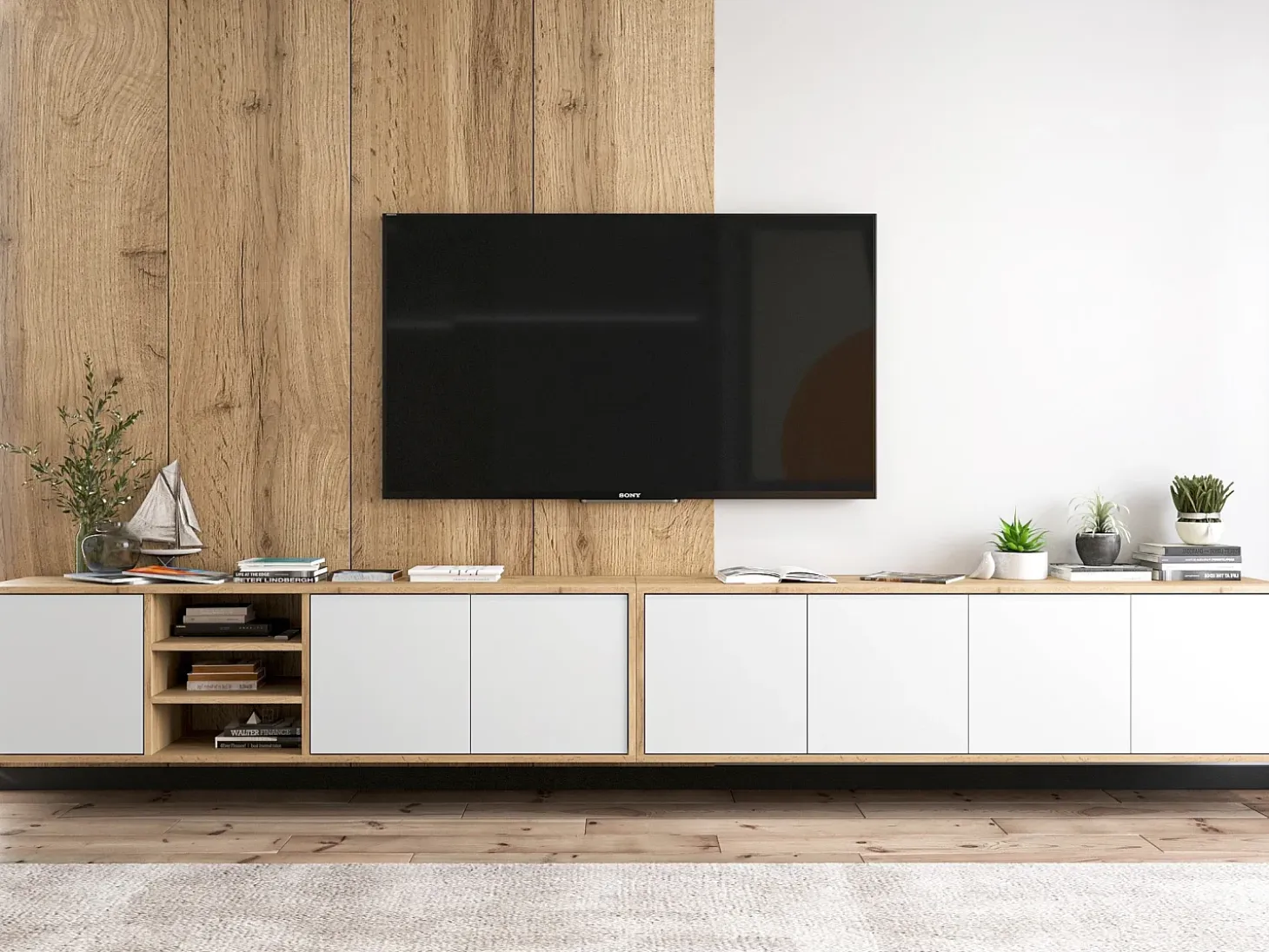 Mueble de TV con 7 puertas y 1 hueco - estructura roble wotan frentes blanco mate - 300 cm