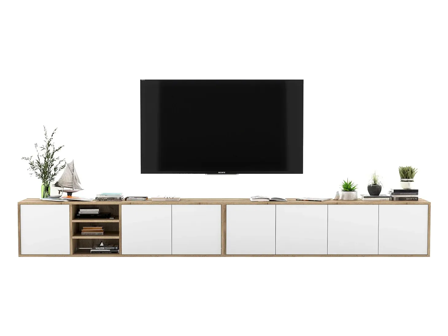 Mueble de TV con 7 puertas y 1 hueco - estructura roble wotan frentes blanco mate - 300 cm
