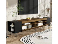 Mueble de TV con 2 puertas y nichos laterales - 180 x 36 x 43 cm - LED - MDF y tablero de partículas - Negro + natural