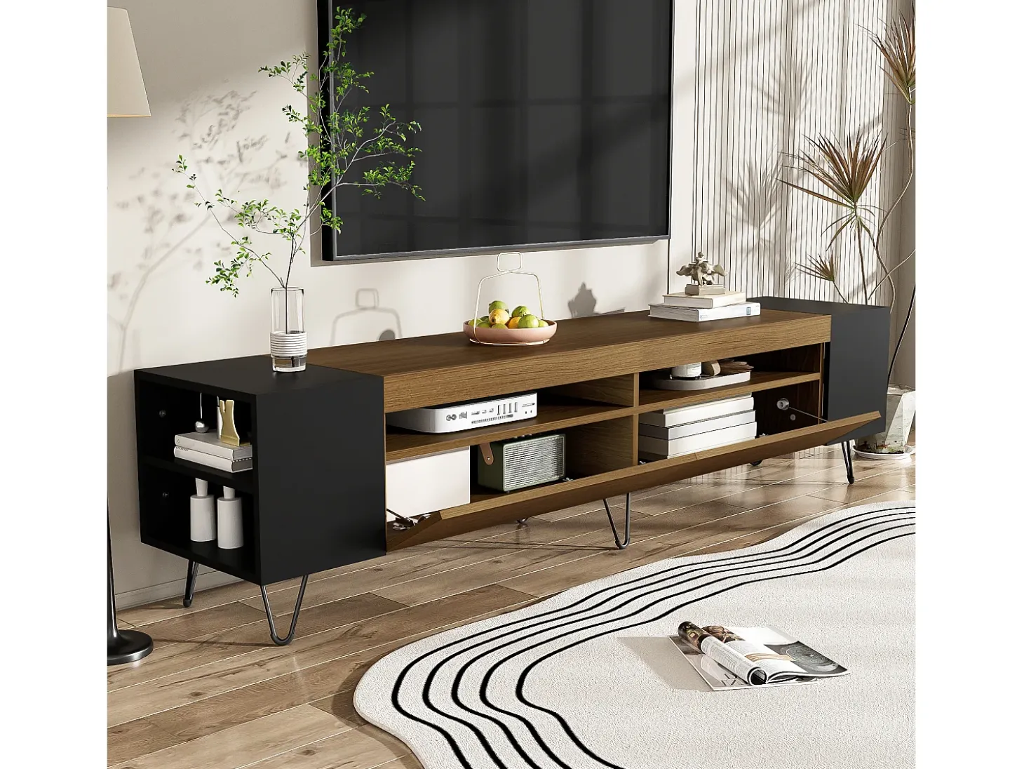 Mueble de TV con 2 puertas y nichos laterales - 180 x 36 x 43 cm - LED - MDF y tablero de partículas - Negro + natural