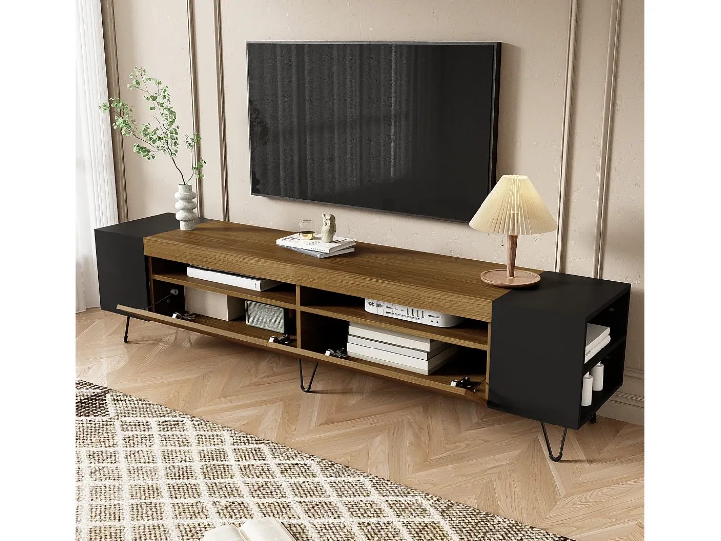 Mueble de TV con 2 puertas y nichos laterales - 180 x 36 x 43 cm - LED - MDF y tablero de partículas - Negro + natural