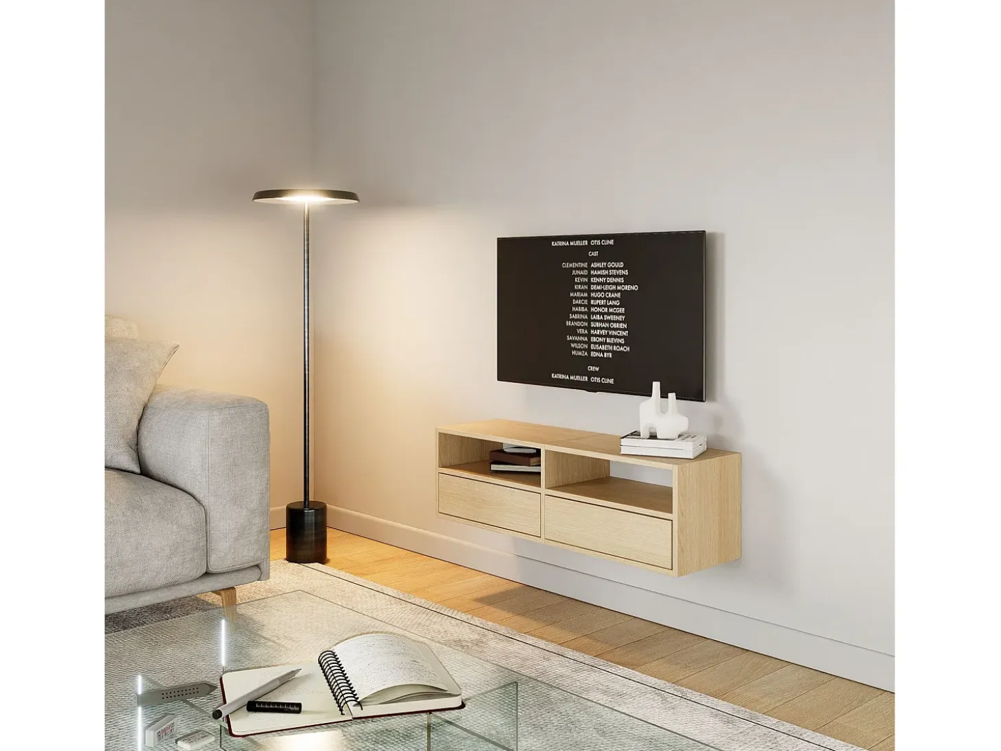 Mueble de TV con 2 puertas y estantes – acabado roble – 100 cm – FRAMME