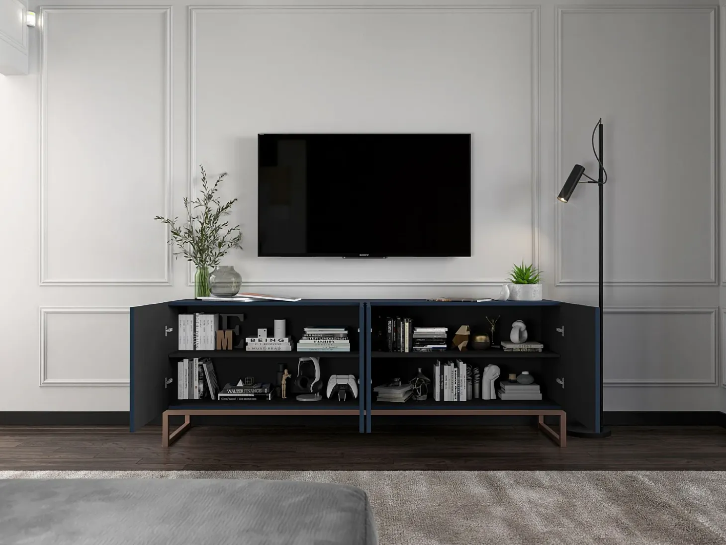 Mueble de TV con 7 puertas y hueco abierto – estructura Azul marino mate, frentes acanalados Azul marino mate – 300 cm, marco de metal