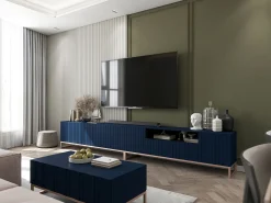Mueble de TV con 7 puertas y hueco abierto – estructura Azul marino mate, frentes acanalados Azul marino mate – 300 cm, marco de metal