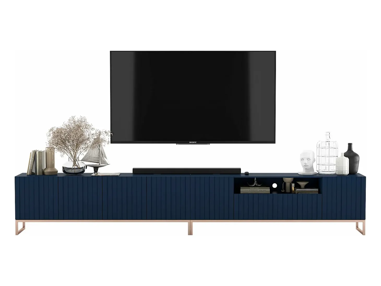 Mueble de TV con 7 puertas y hueco abierto – estructura Azul marino mate, frentes acanalados Azul marino mate – 300 cm, marco de metal