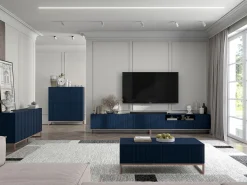 Mueble de TV con 7 puertas y hueco abierto – estructura Azul marino mate, frentes acanalados Azul marino mate – 300 cm, marco de metal