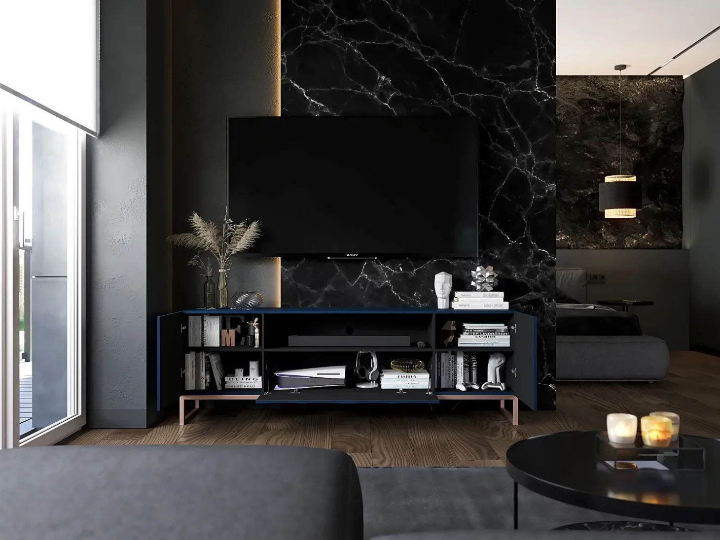 Mueble de TV con 7 puertas y hueco abierto – estructura Azul marino mate, frentes acanalados Azul marino mate – 300 cm, marco de metal