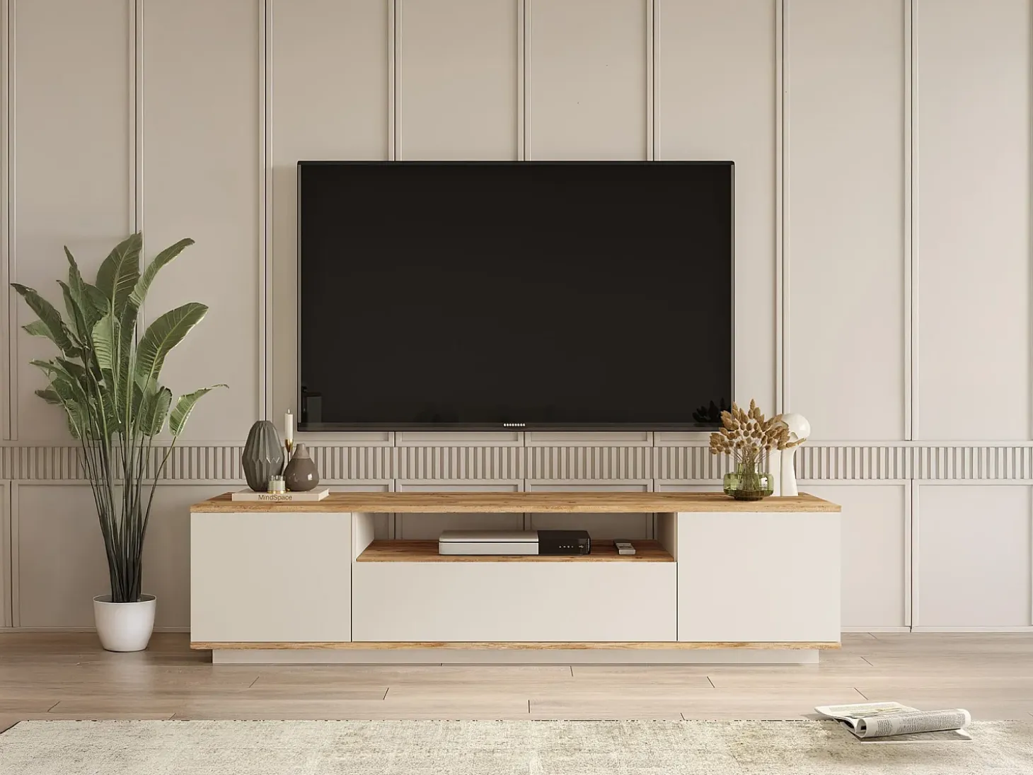 Mueble de TV con 3 puertas y 1 estante - Beige y natural - LOTULA