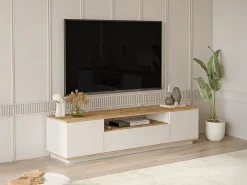 Mueble de TV con 3 puertas y 1 estante - Beige y natural - LOTULA