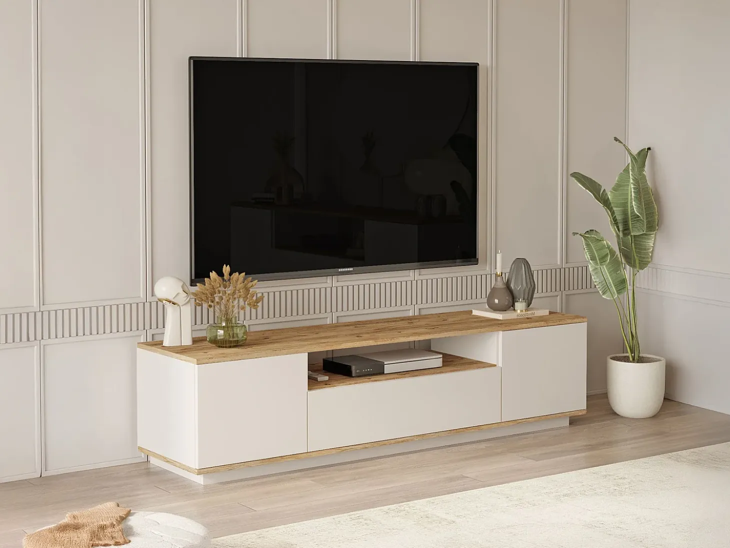 Mueble de TV con 3 puertas y 1 estante - Beige y natural - LOTULA