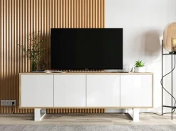 Mueble de TV con 4 puertas - estructura roble wotan frentes blanco mate - 150 cm, patas de metal