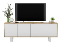 Mueble de TV con 4 puertas - estructura roble wotan frentes blanco mate - 150 cm, patas de metal